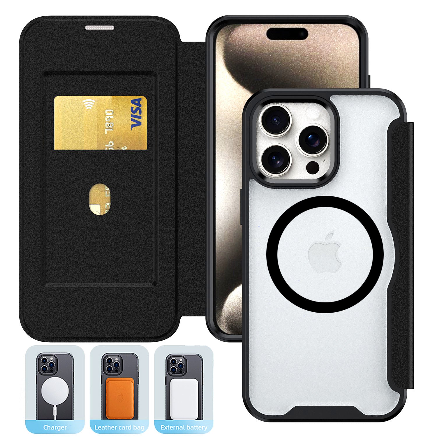 PU Leather Magnetic Flap Phone Case with Magsafe In Black For iPhone 16 Pro Max (FC37-IPH16MAXBK)